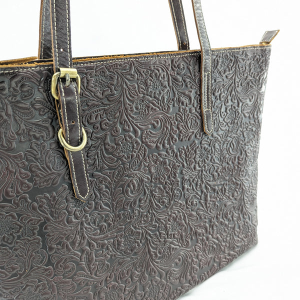 花柄型押し トートバッグ (オイルレザー)